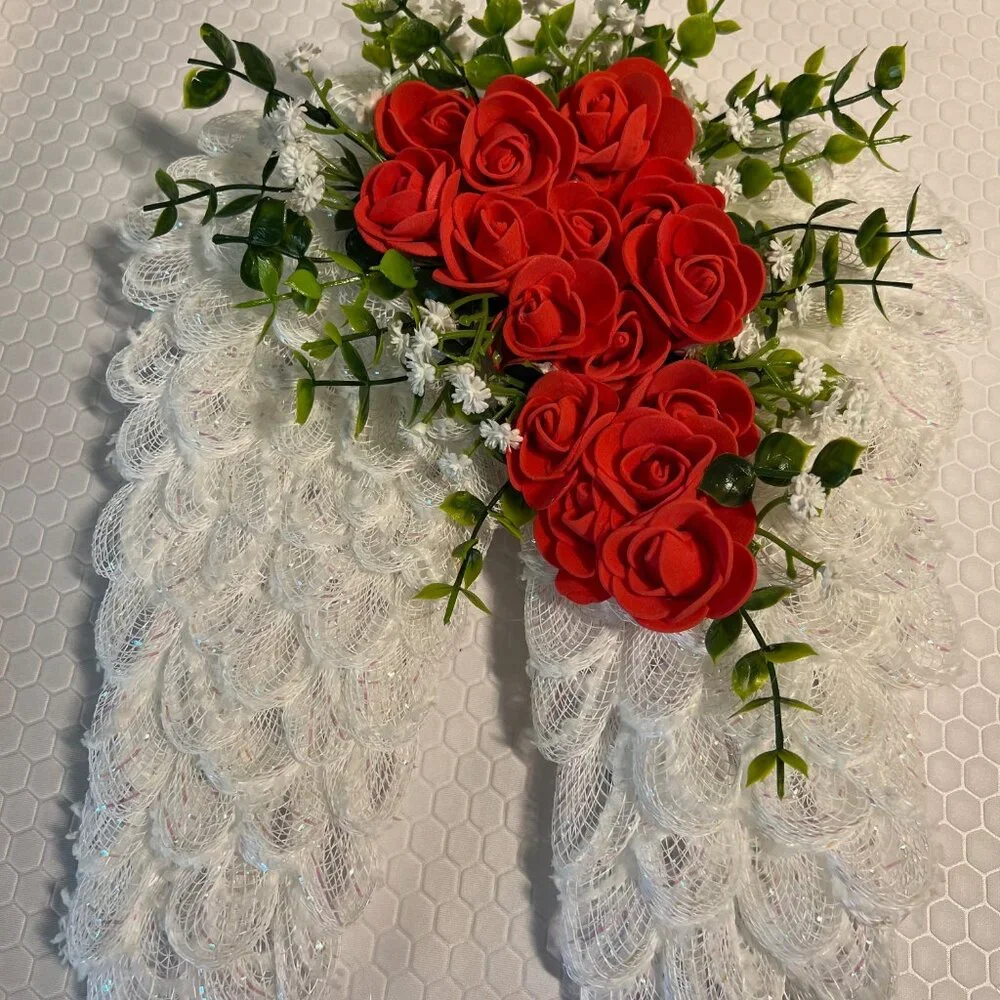 Angel Wing Wreath with Red Roses Down Side of Wing